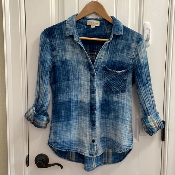 Cloth & Stone tie dye blue with plaid lining button down.  S - Picture 2 of 10